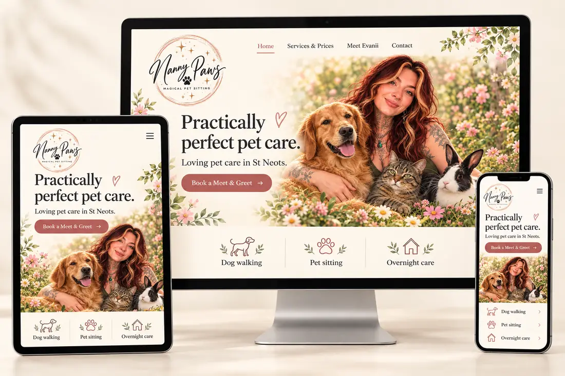 Nanny Paws pet care website design shown on desktop, tablet and mobile